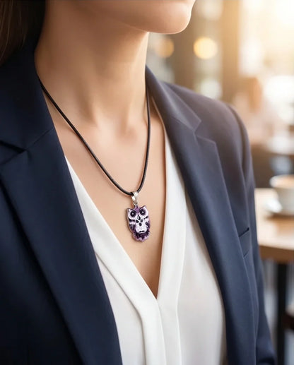 Mystical Purple Watercolor Owl Totem Pendant Necklace