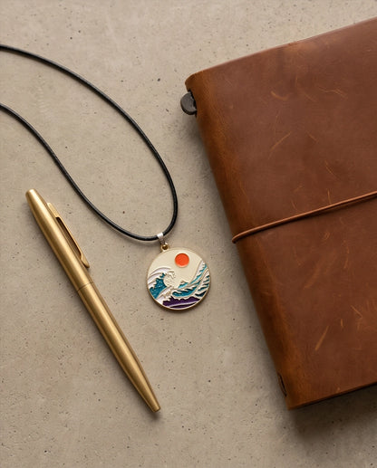 Great Wave & Sun Medallion Pendant Necklace