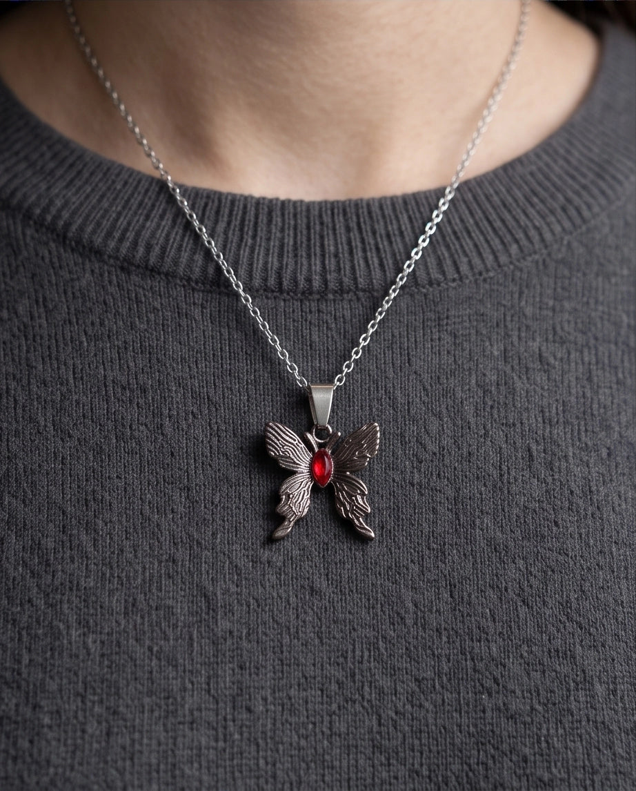 Black Textured Butterfly Red Gem Pendant Necklace