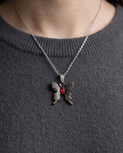 Black Textured Butterfly Red Gem Pendant Necklace