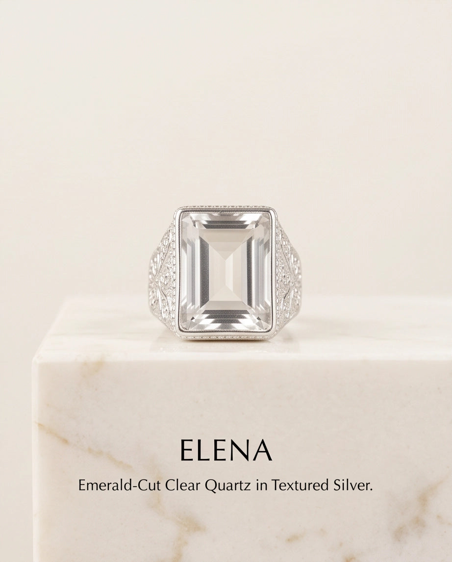 Clear Quartz Emerald-Cut Gemstone Filigree Beaded Silver Ring