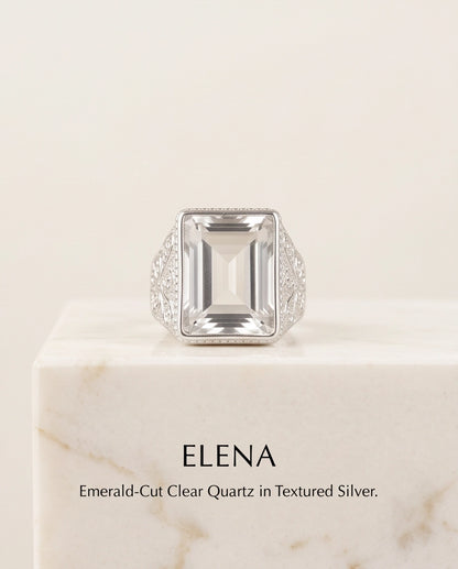 Clear Quartz Emerald-Cut Gemstone Filigree Beaded Silver Ring