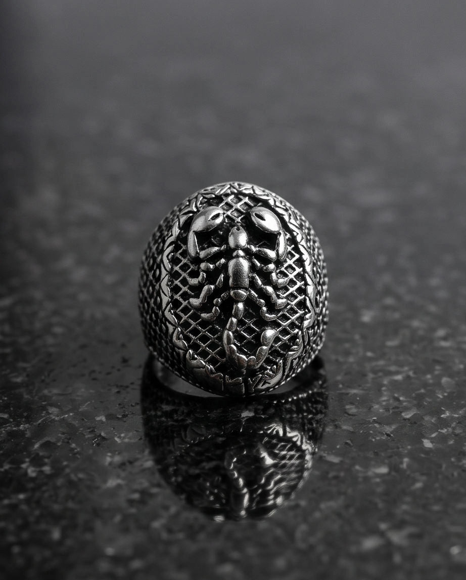 Oxidized Silver Sculpted Scorpion Mesh Ring