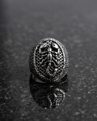 Oxidized Silver Sculpted Scorpion Mesh Ring