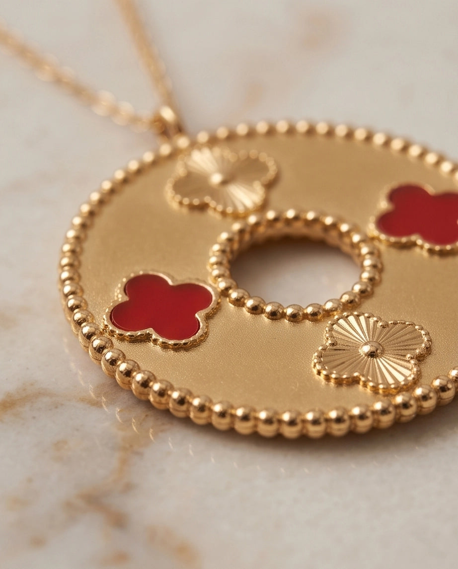 Gold Red Clover Medallion Necklace