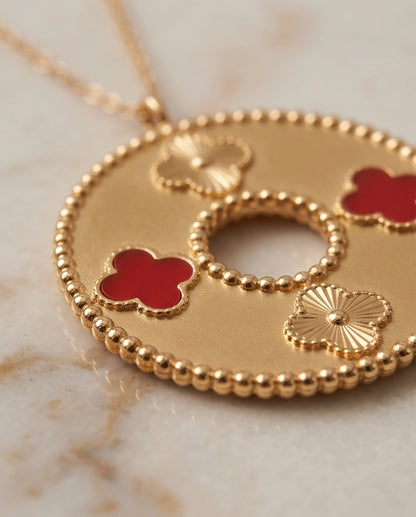 Gold Red Clover Medallion Necklace