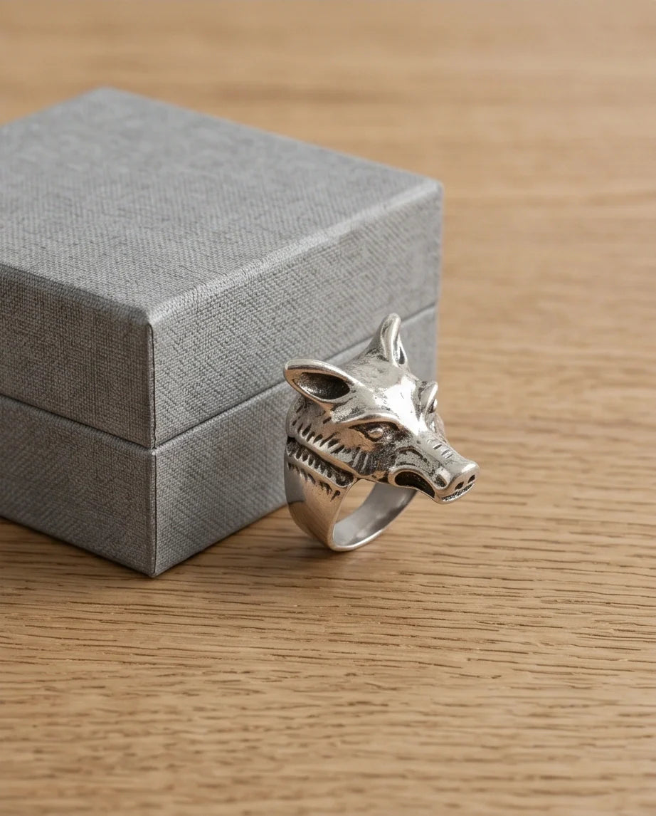 Vintage Silver Oxidized Wolf Head Viking Statement Ring