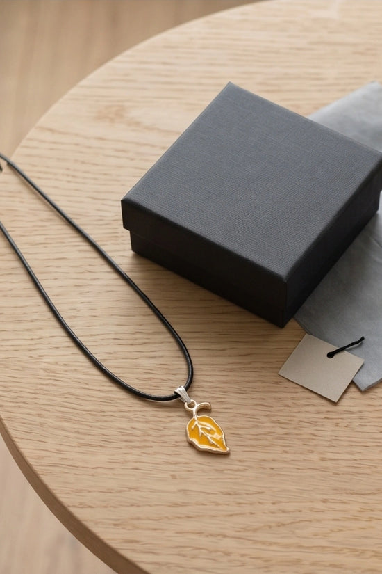 Golden Autumn Leaf Enamel Pendant Necklace