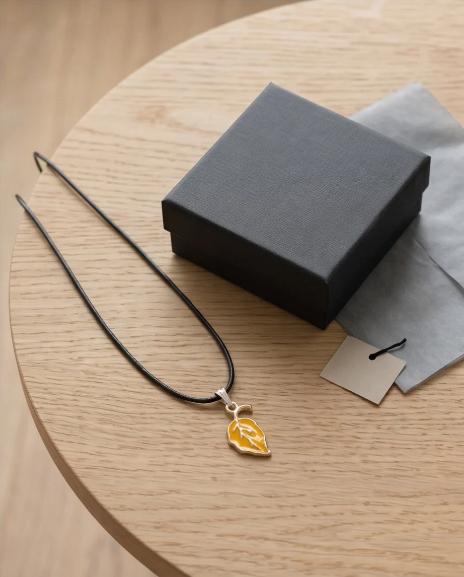 Golden Autumn Leaf Enamel Pendant Necklace