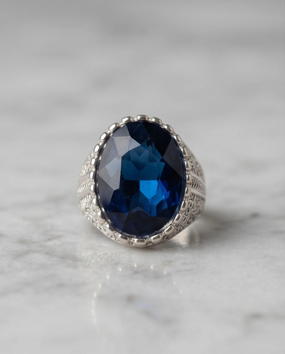 Oxidized Silver Large Oval Sapphire Filigree Signet Ring