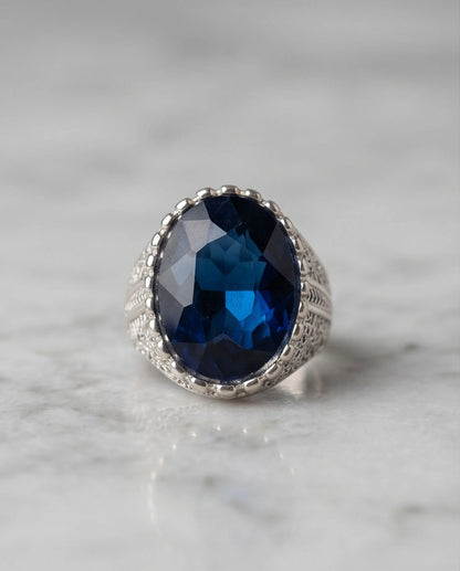 Oxidized Silver Large Oval Sapphire Filigree Signet Ring