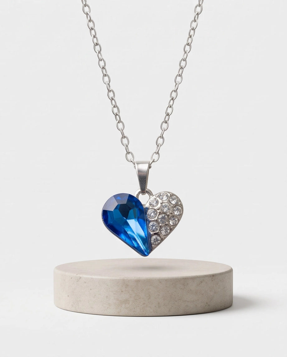 Silver Sapphire Heart Pavé Pendant Necklace