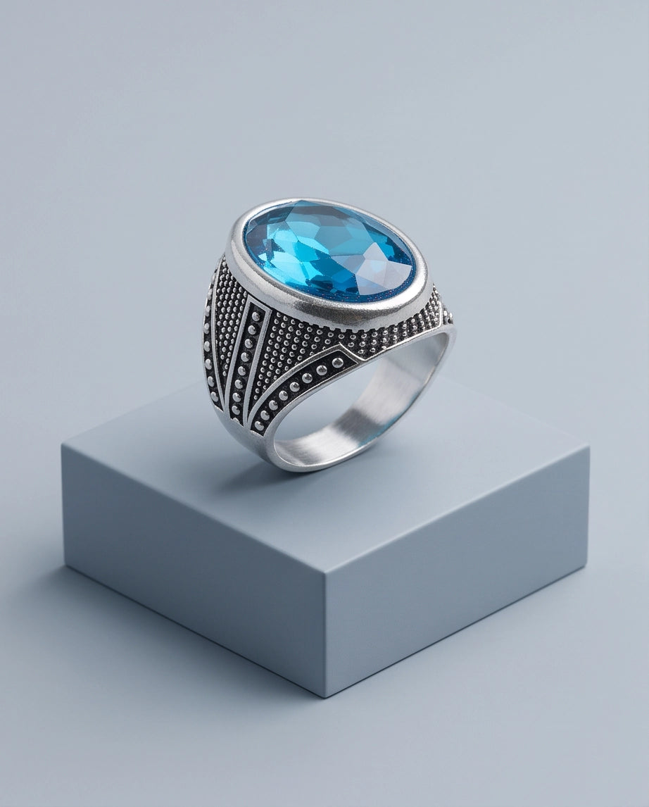 Aquamarine Gemstone Beaded Surround Chevron Stippled Silver Ring