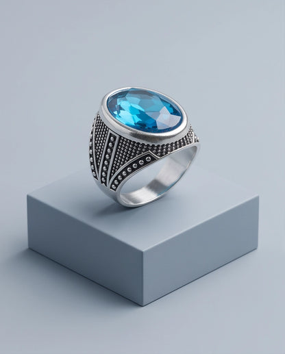 Aquamarine Gemstone Beaded Surround Chevron Stippled Silver Ring