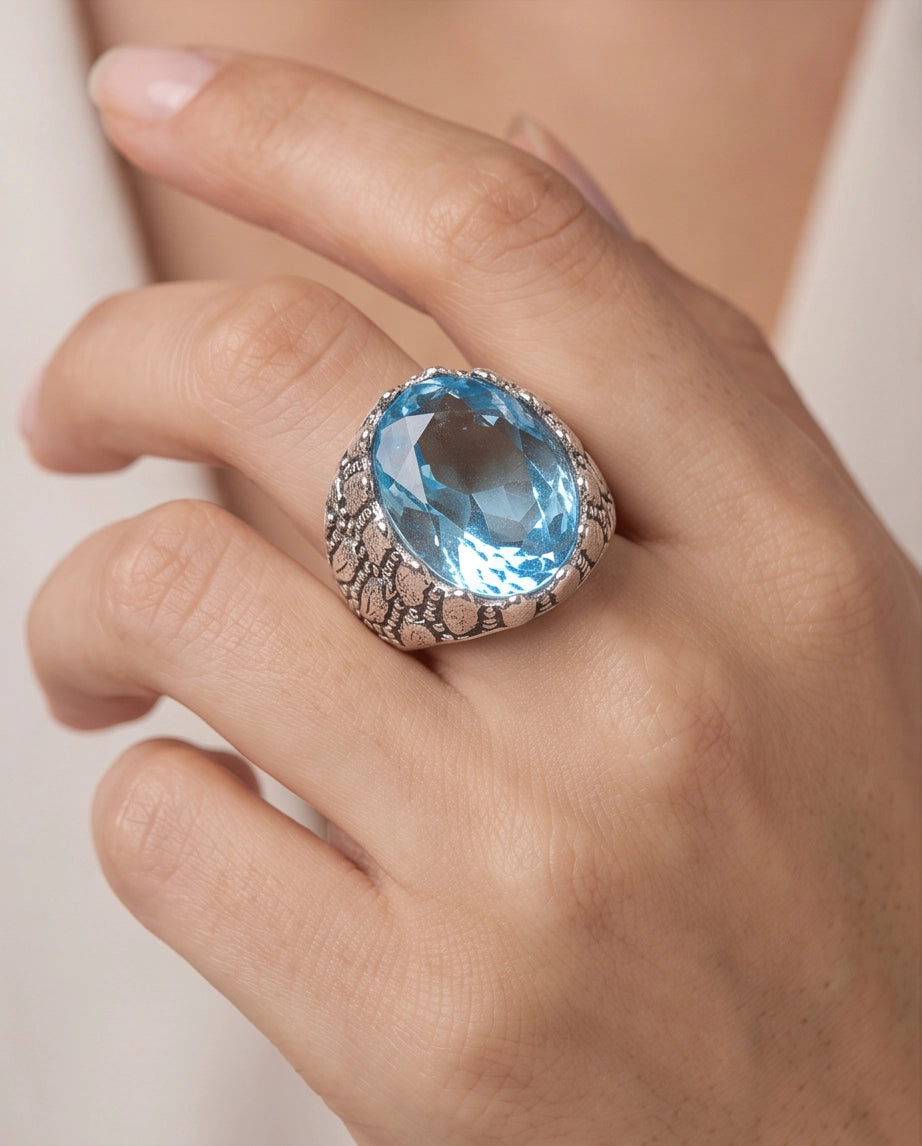 Ice Blue Oval-Cut Gemstone Scaled Bezel Silver Ring