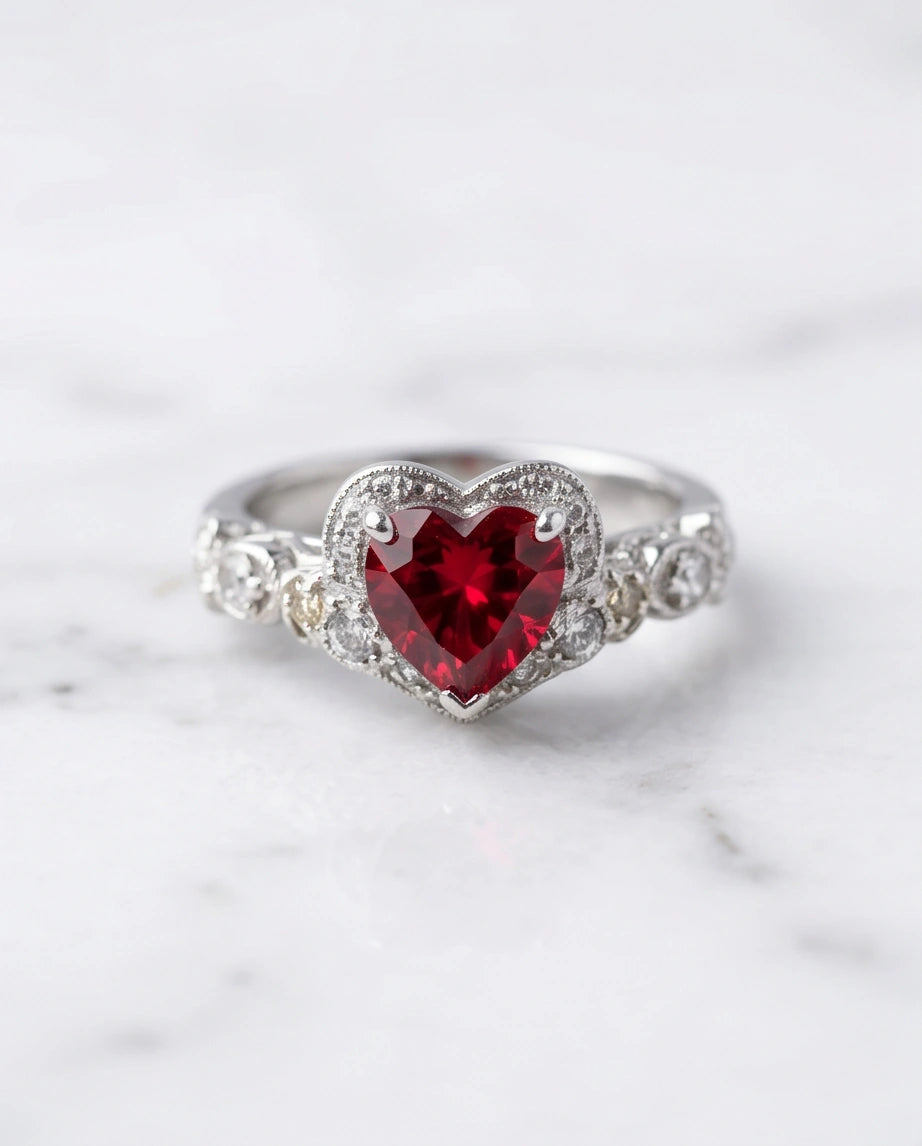 Vintage Heart Ruby & Diamond Accent Ring