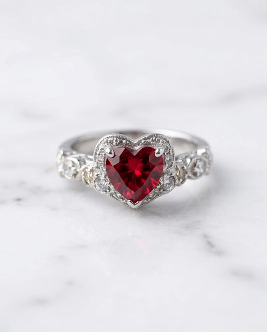 Vintage Heart Ruby & Diamond Accent Ring