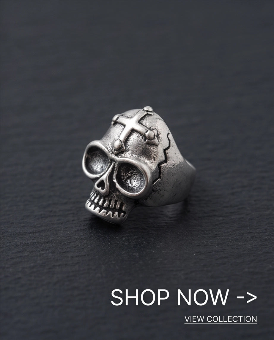 Gothic Cross-Embossed Anatomical Skull Silver Ring