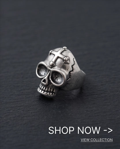 Gothic Cross-Embossed Anatomical Skull Silver Ring