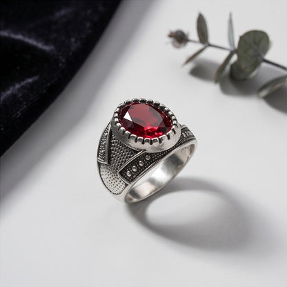 Ruby Gemstone Notched Bezel Stippled Silver Ring