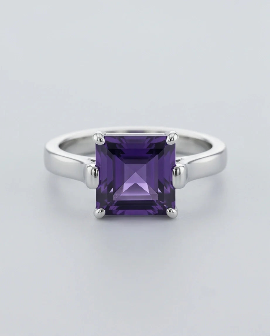 Sterling Silver Deep Amethyst Princess Cut Solitaire Ring