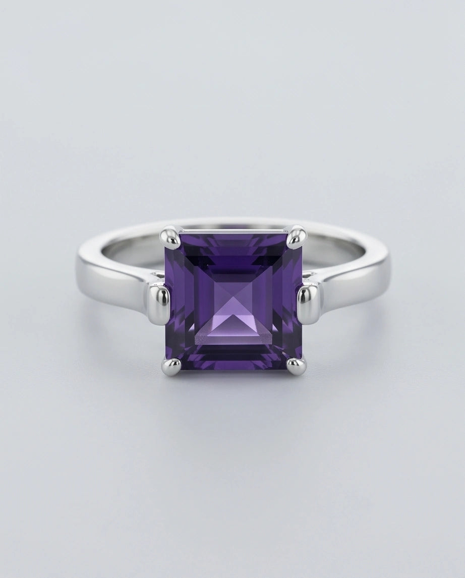 Sterling Silver Deep Amethyst Princess Cut Solitaire Ring