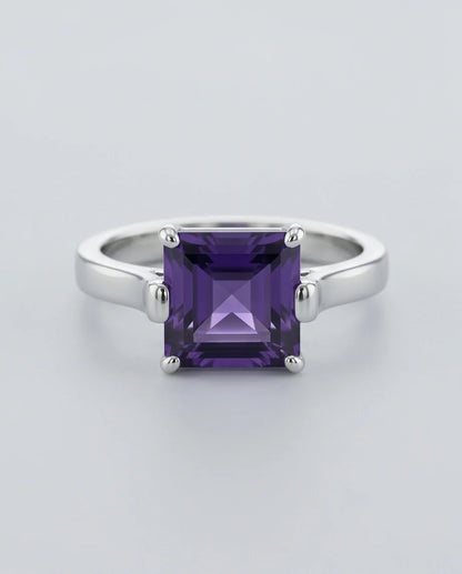 Sterling Silver Deep Amethyst Princess Cut Solitaire Ring