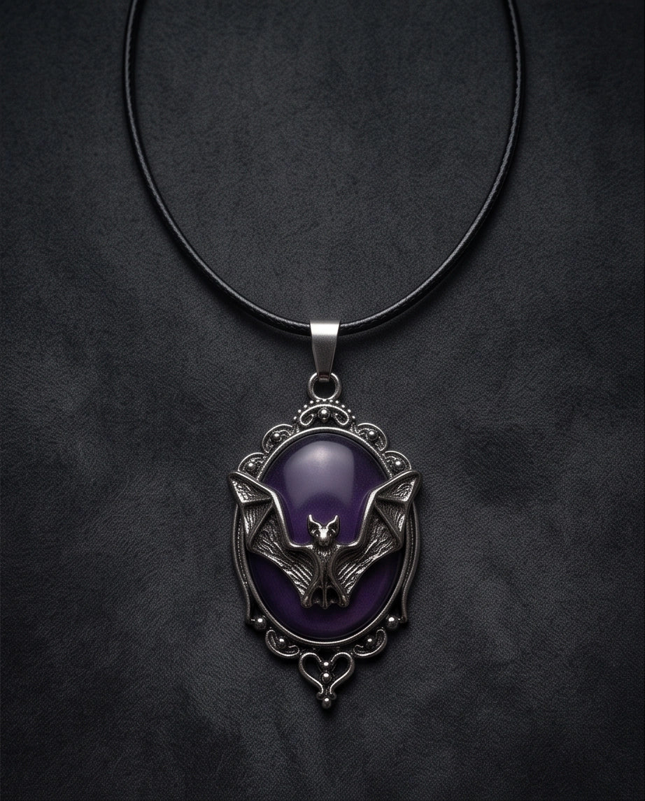 Antique Silver Gothic Bat Purple Enamel Medallion Chain Necklace