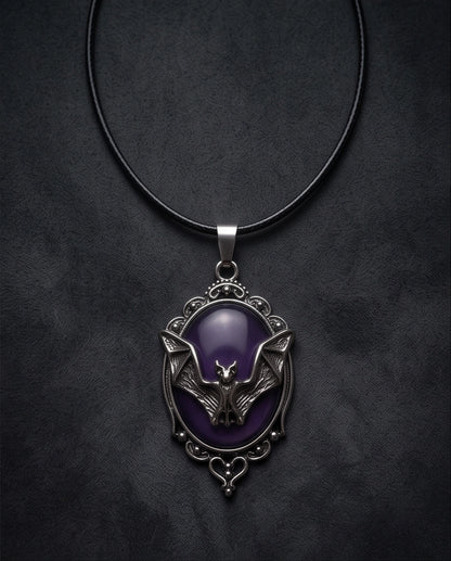 Antique Silver Gothic Bat Purple Enamel Medallion Chain Necklace