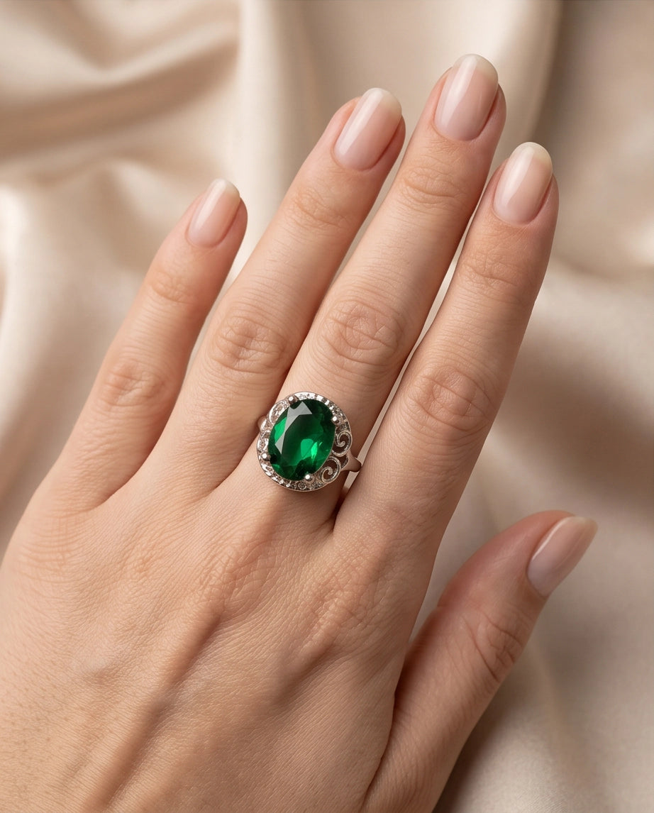 Silver Oval Emerald Gemstone Filigree Solitaire Ring
