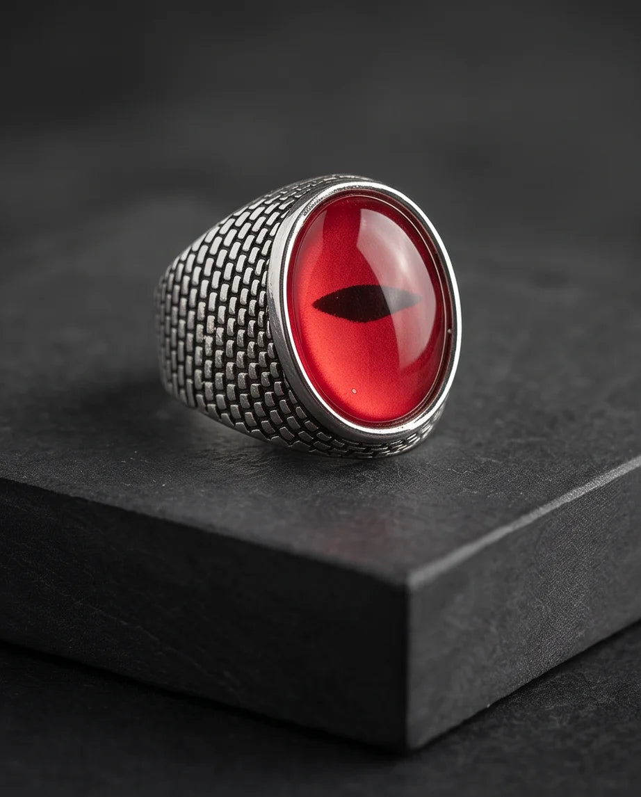 Crimson Brickwork Slit-Pupil Silver Ring