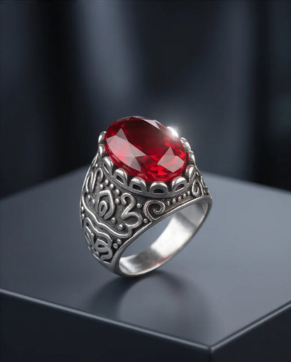 Ruby Gemstone Scalloped Crown Bezel Scroll Filigree Silver Ring