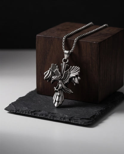 Silver Raven Gothic Cross Pendant Necklace