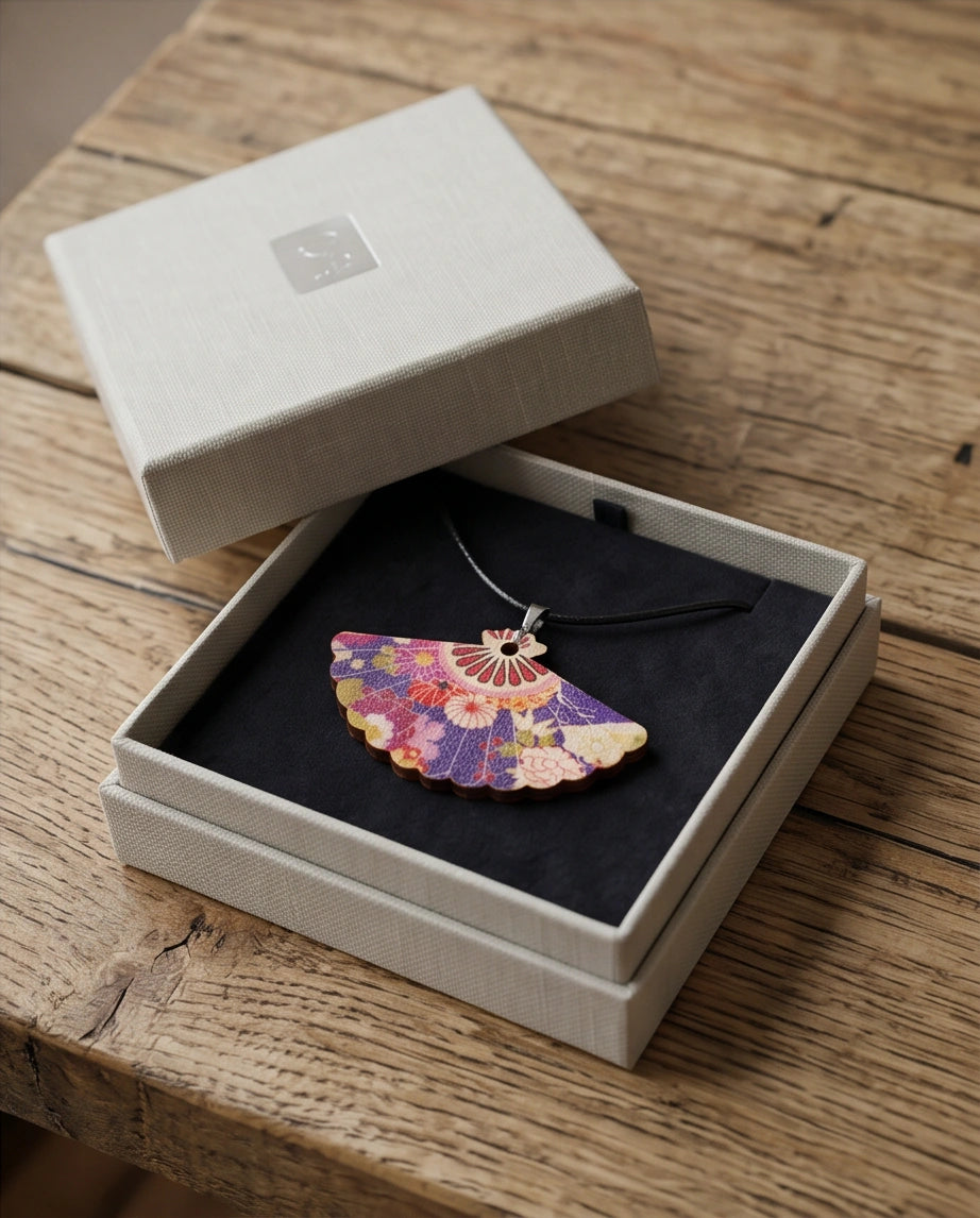 Vintage Purple Floral Hand-Fan Pendant Necklace