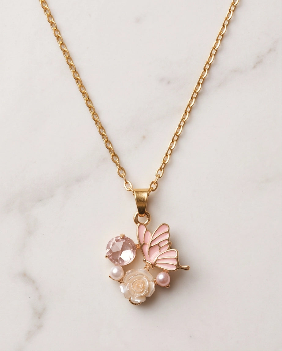 Gold Pink Enamel Butterfly & Pearl Rose Cluster Pendant Necklace