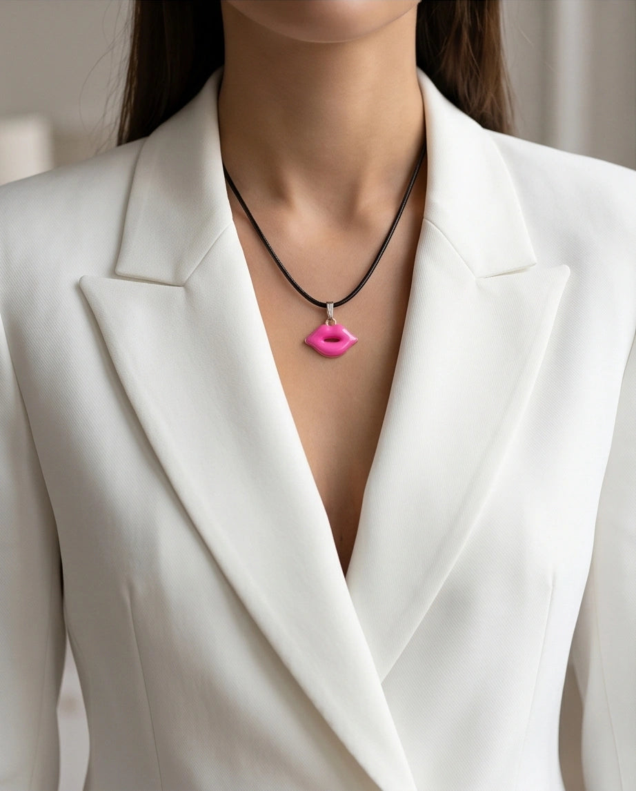 Gold and Pink Lips Pendant Necklace