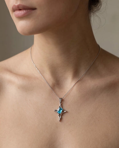 Silver Blue Gemstone Gothic Cross Pendant Necklace
