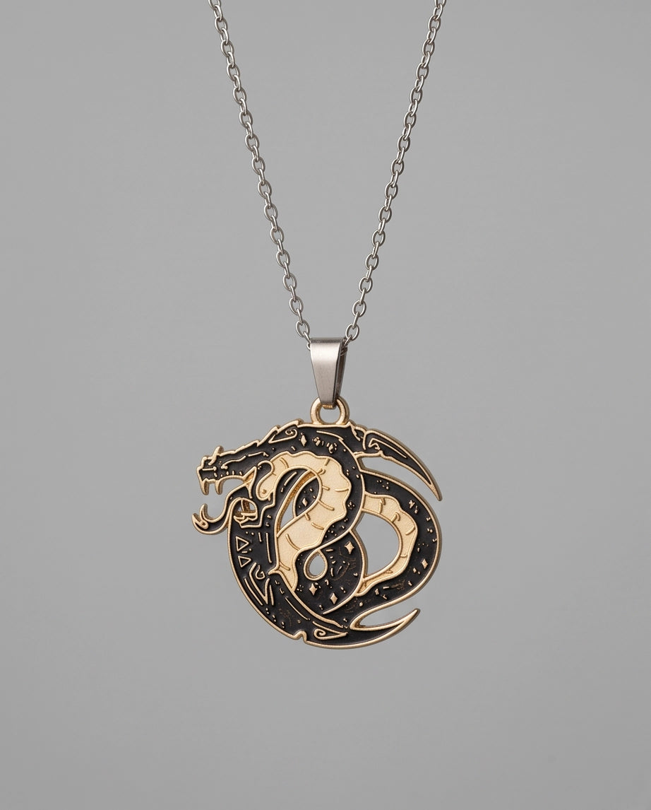 Gold Coiled Dragon Black & White Enamel Pendant Necklace