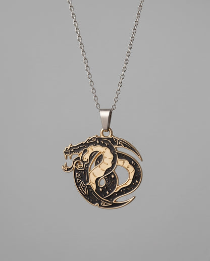 Gold Coiled Dragon Black & White Enamel Pendant Necklace