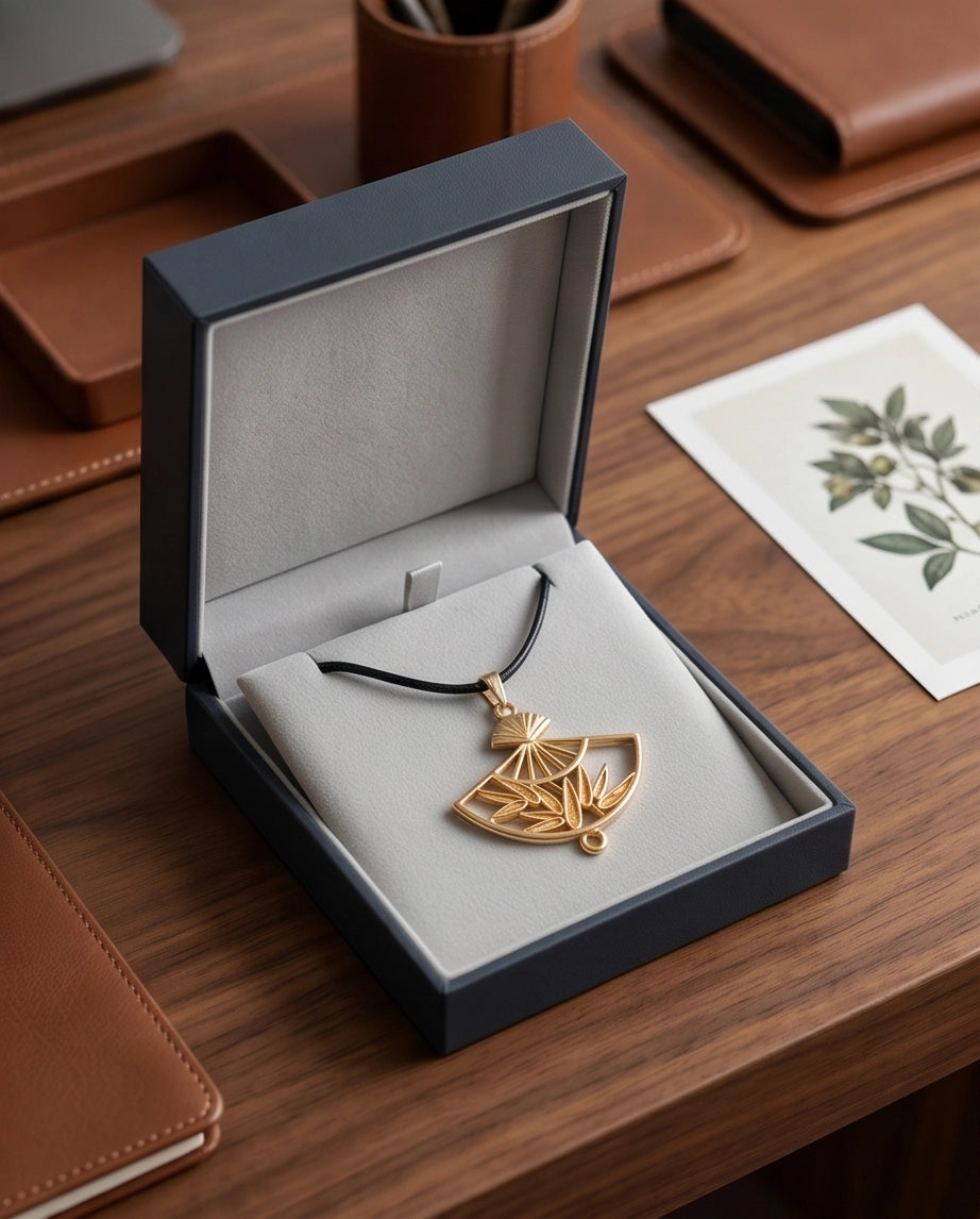 All-Gold Bamboo Fan Pendant Necklace