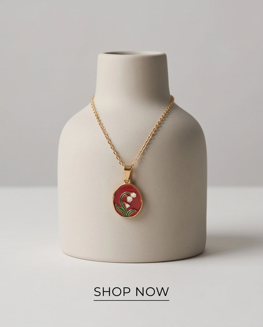 Gold Red Lily of the Valley Enamel Medallion Chain Necklace