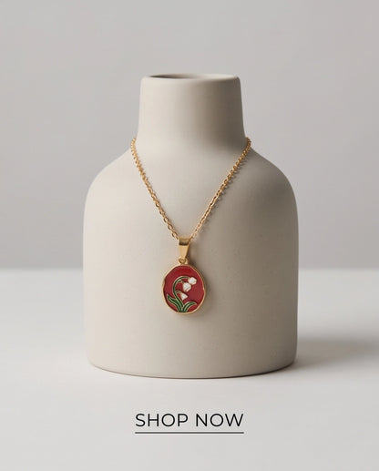 Gold Red Lily of the Valley Enamel Medallion Chain Necklace