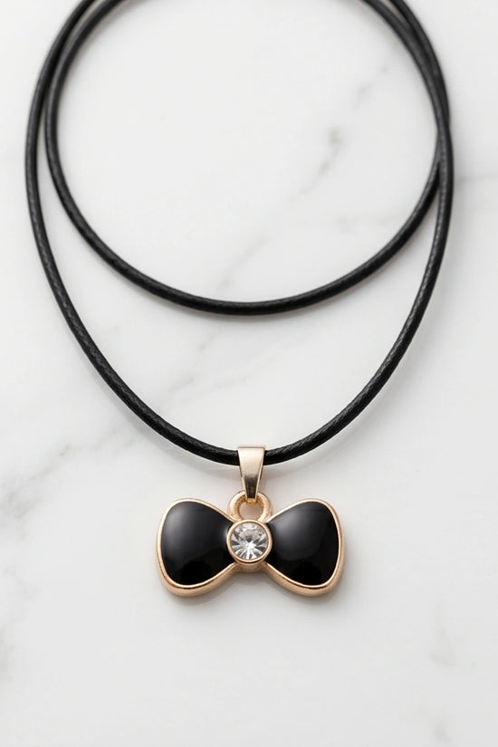 Gold Crystal and Black Bow Necklace