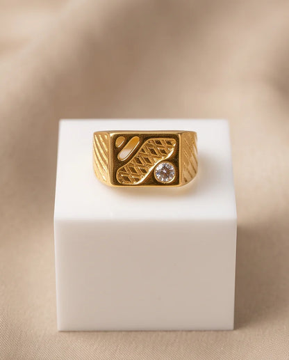 Abstract Textured Multi-Inlay Asymmetrical Signet Gold Ring