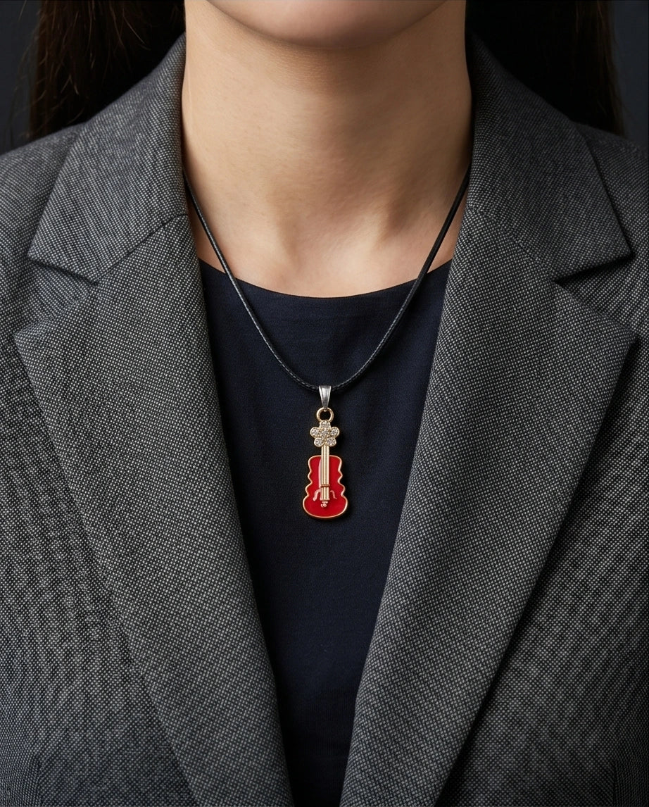 Gold and Red Enamel Violin Necklace