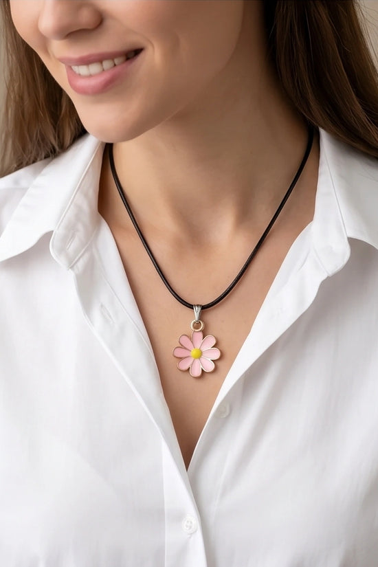 Light Pink Daisy Enamel Pendant Necklace