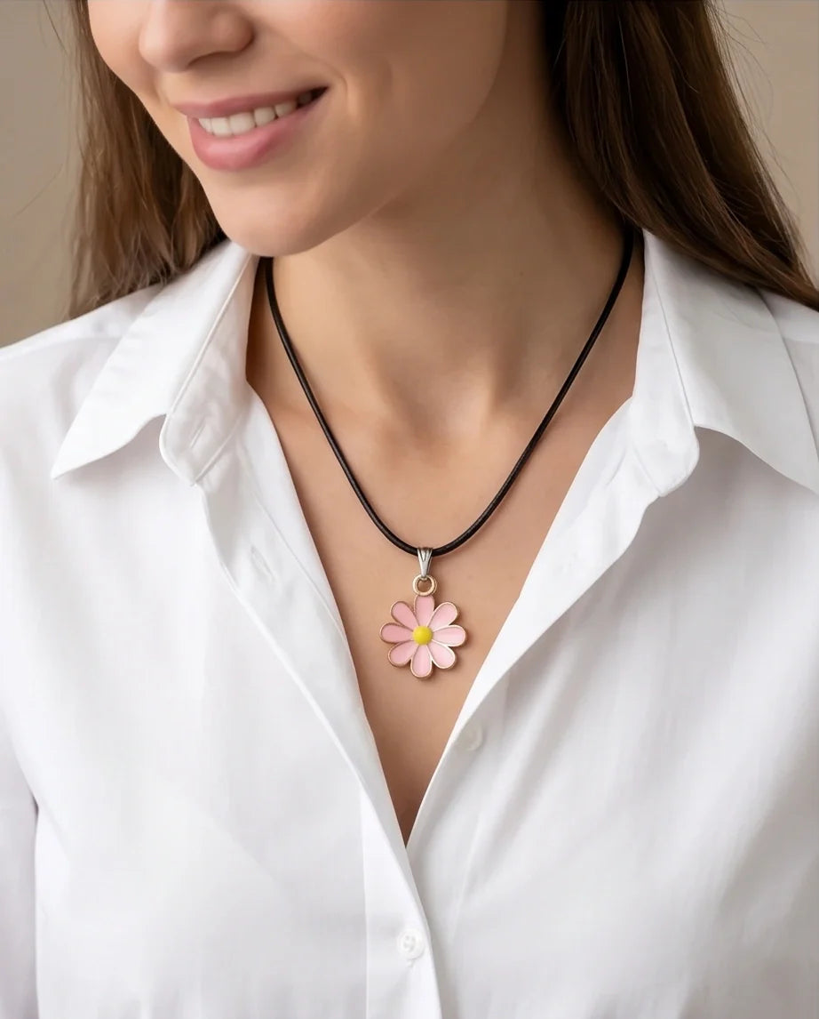 Light Pink Daisy Enamel Pendant Necklace