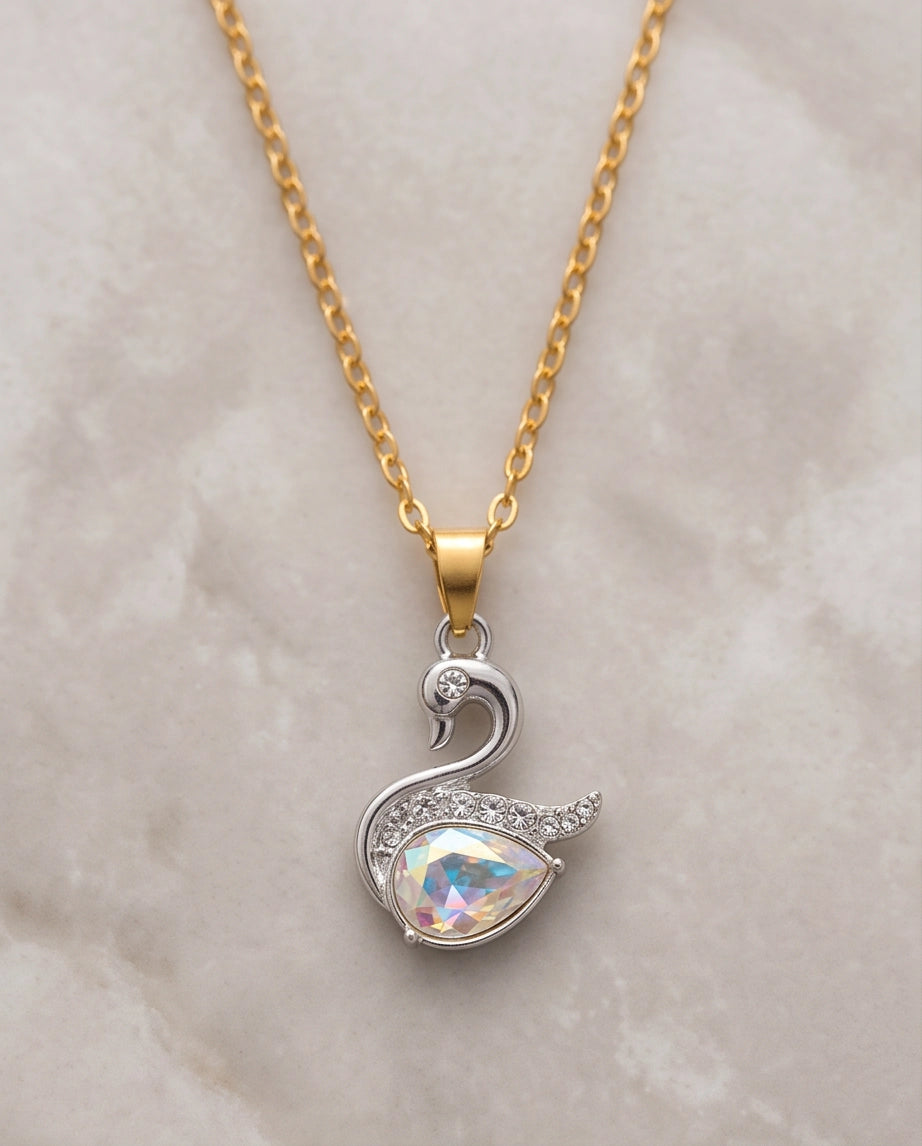 Silver Opaline Crystal Swan Pendant Necklace