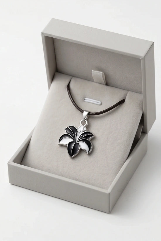 Bold Black and White Lily Enamel Pendant Necklace