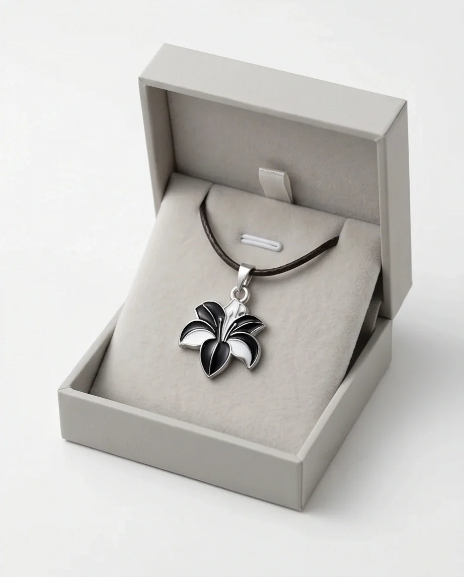 Bold Black and White Lily Enamel Pendant Necklace